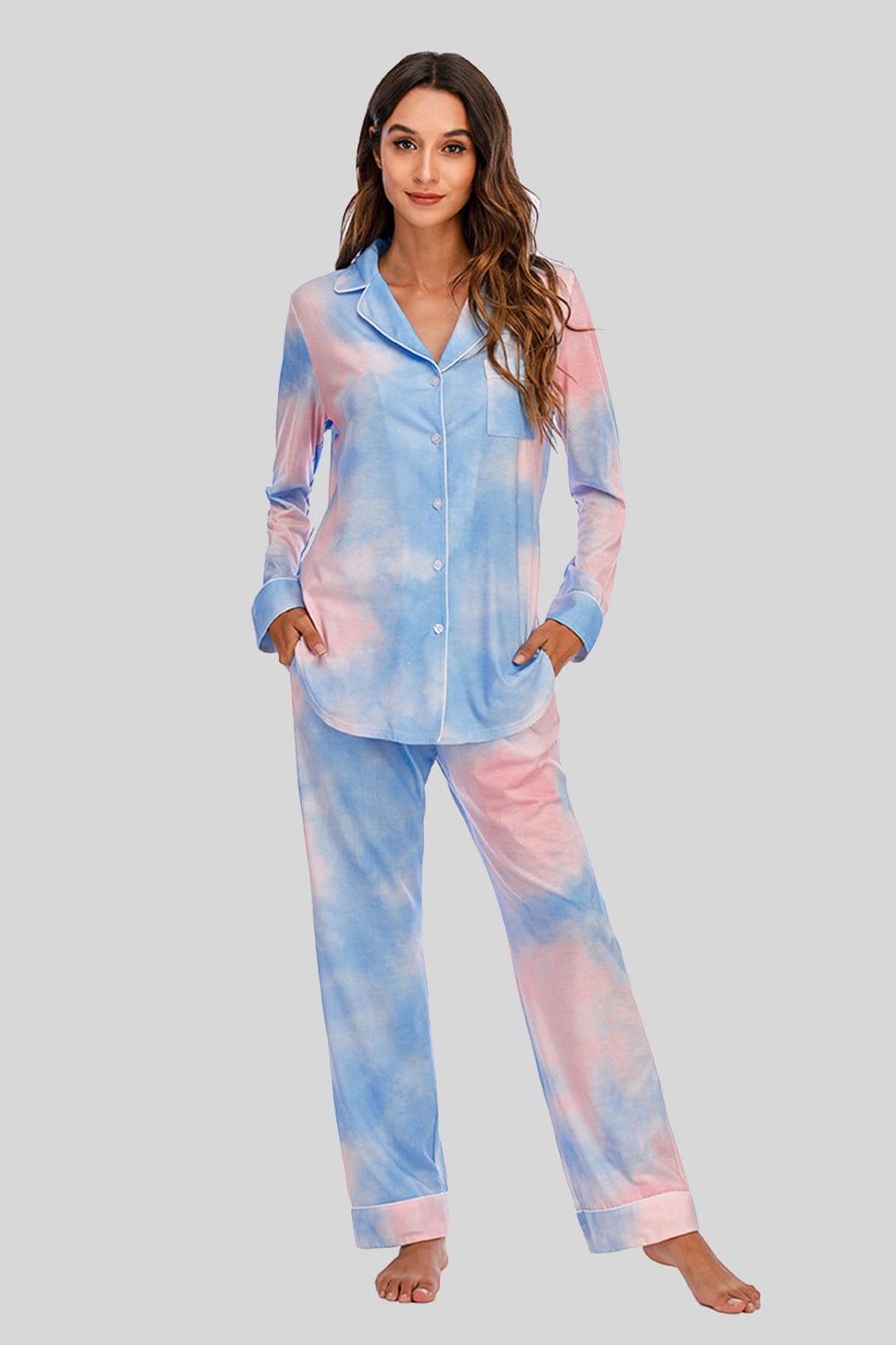 Women’s Lightweight Collared Neck Long Sleeve Loungewear Set with Pockets Multicolor / S The Nichole Collection