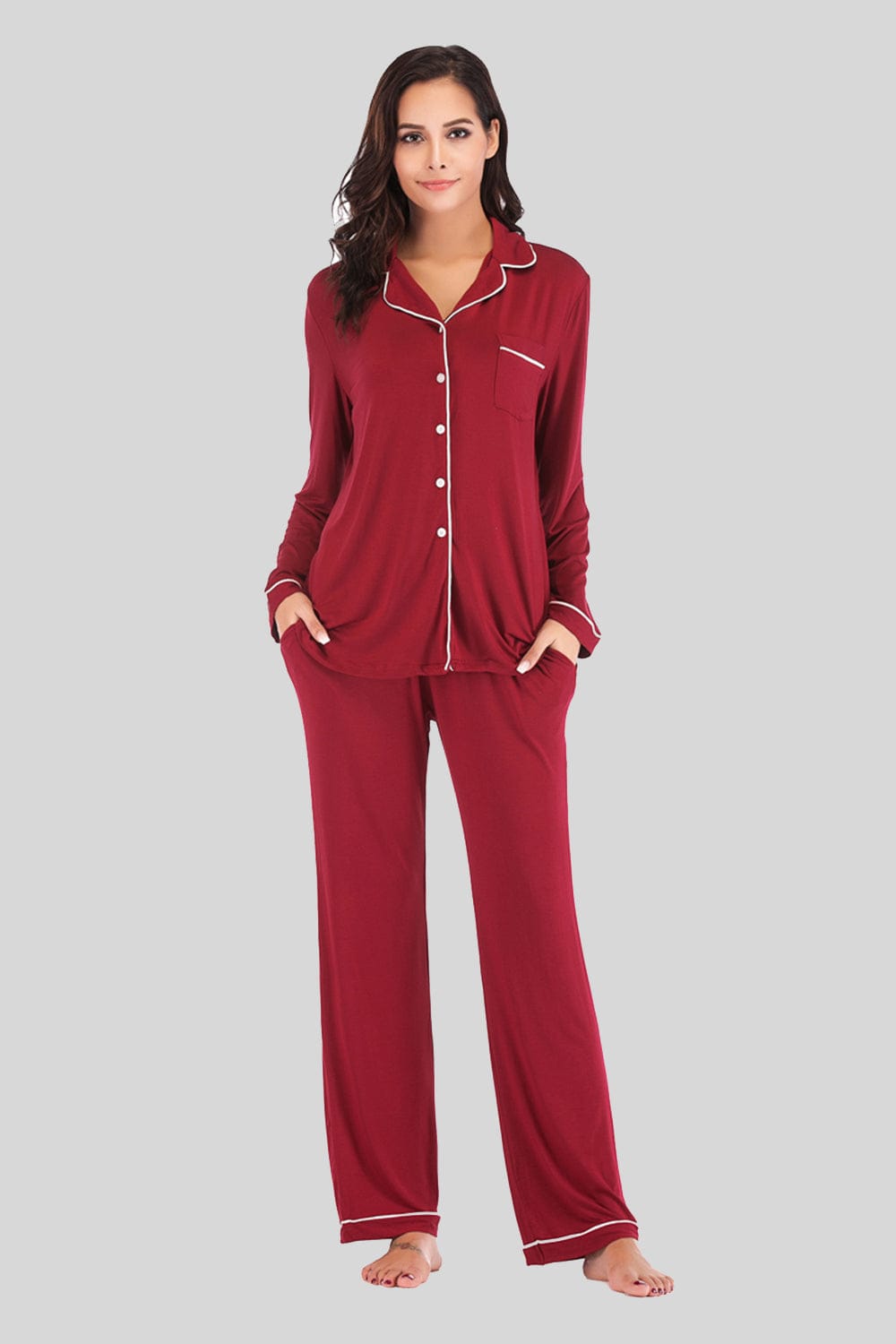 Women’s Lightweight Collared Neck Long Sleeve Loungewear Set with Pockets Wine / S The Nichole Collection