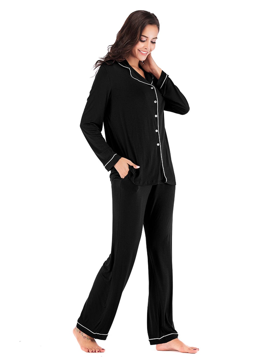 Women’s Lightweight Collared Neck Long Sleeve Loungewear Set with Pockets The Nichole Collection