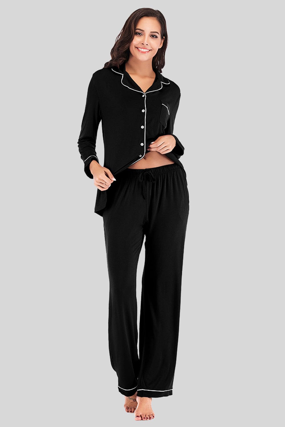 Women’s Lightweight Collared Neck Long Sleeve Loungewear Set with Pockets Black / S The Nichole Collection