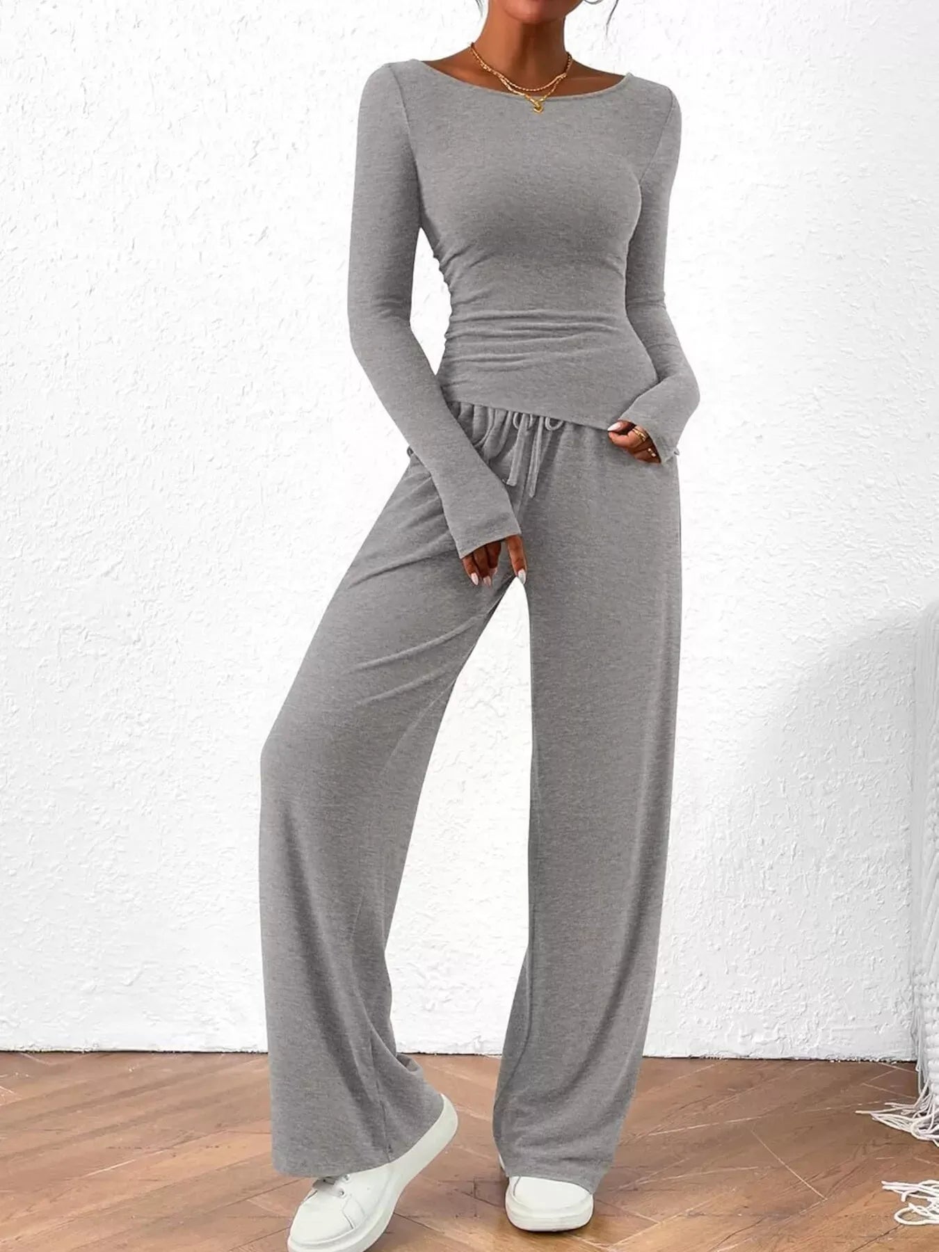 Women’s Long Sleeve Top & Wide Leg Pants Set Women's Sets Gray / XS The Nichole Collection