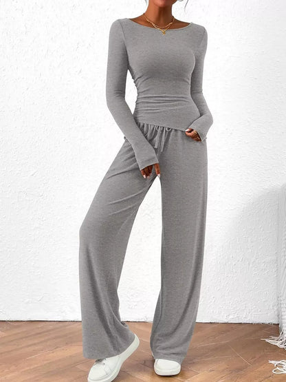 Women’s Long Sleeve Top & Wide Leg Pants Set Women's Sets Gray / XS The Nichole Collection