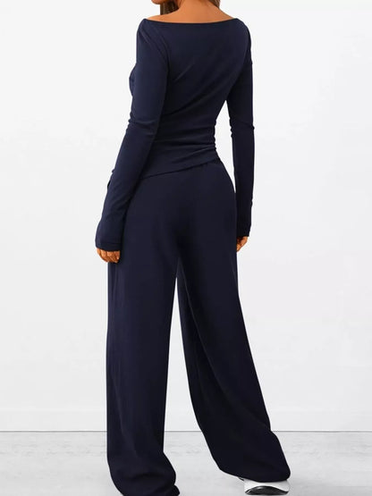 Women’s Long Sleeve Top & Wide Leg Pants Set Women's Sets Navy / XS The Nichole Collection
