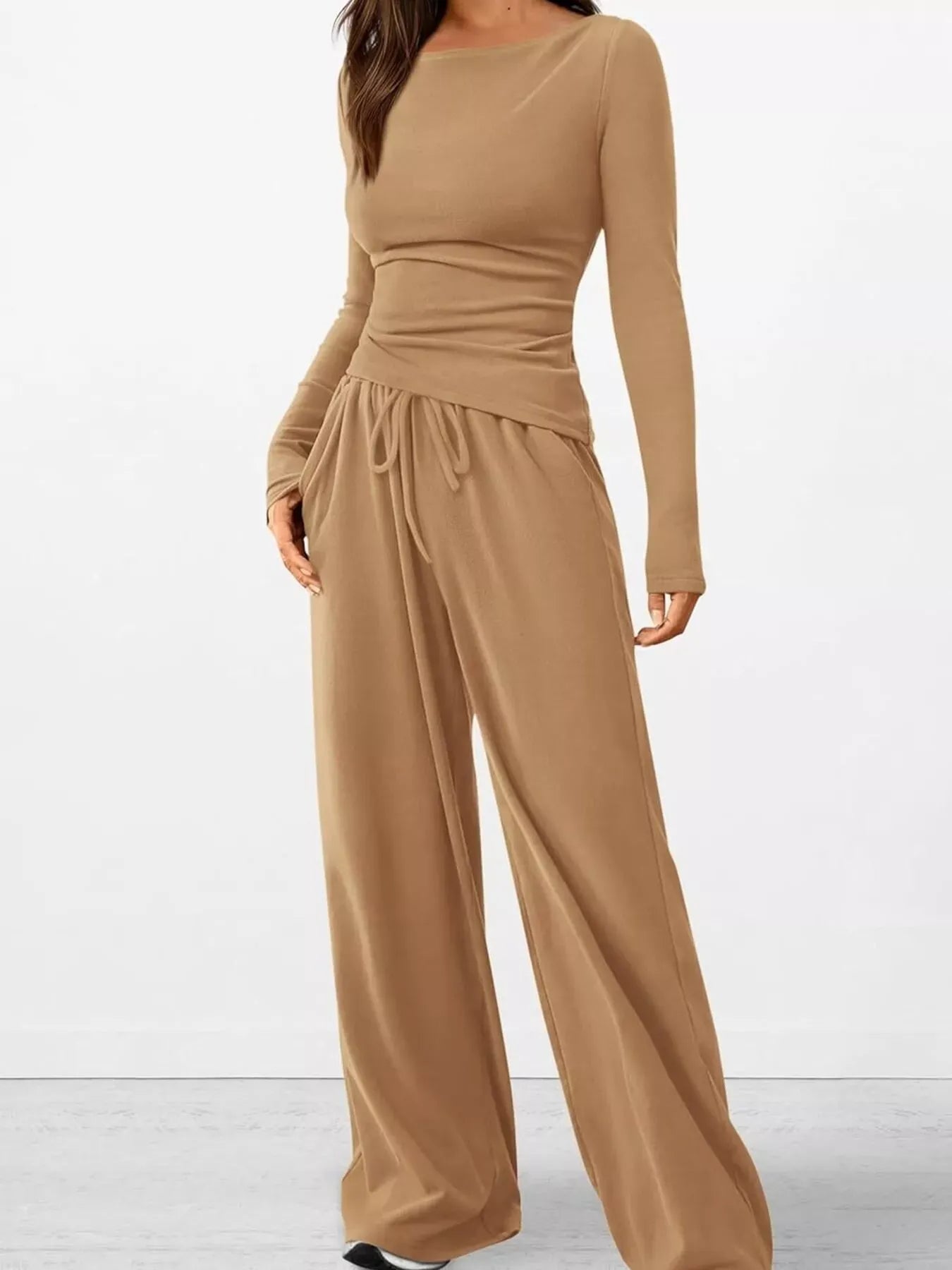 Women’s Long Sleeve Top & Wide Leg Pants Set Women's Sets Khaki / XS The Nichole Collection