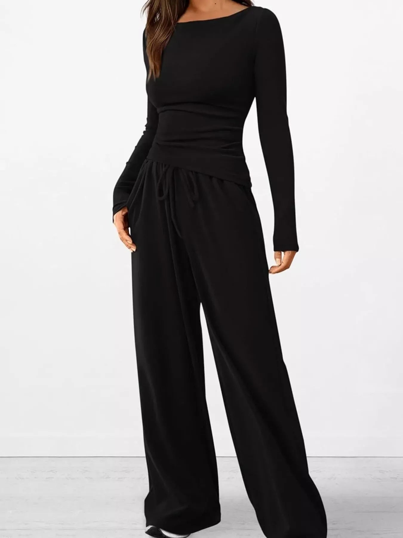 Women’s Long Sleeve Top & Wide Leg Pants Set Women's Sets Black / XS The Nichole Collection