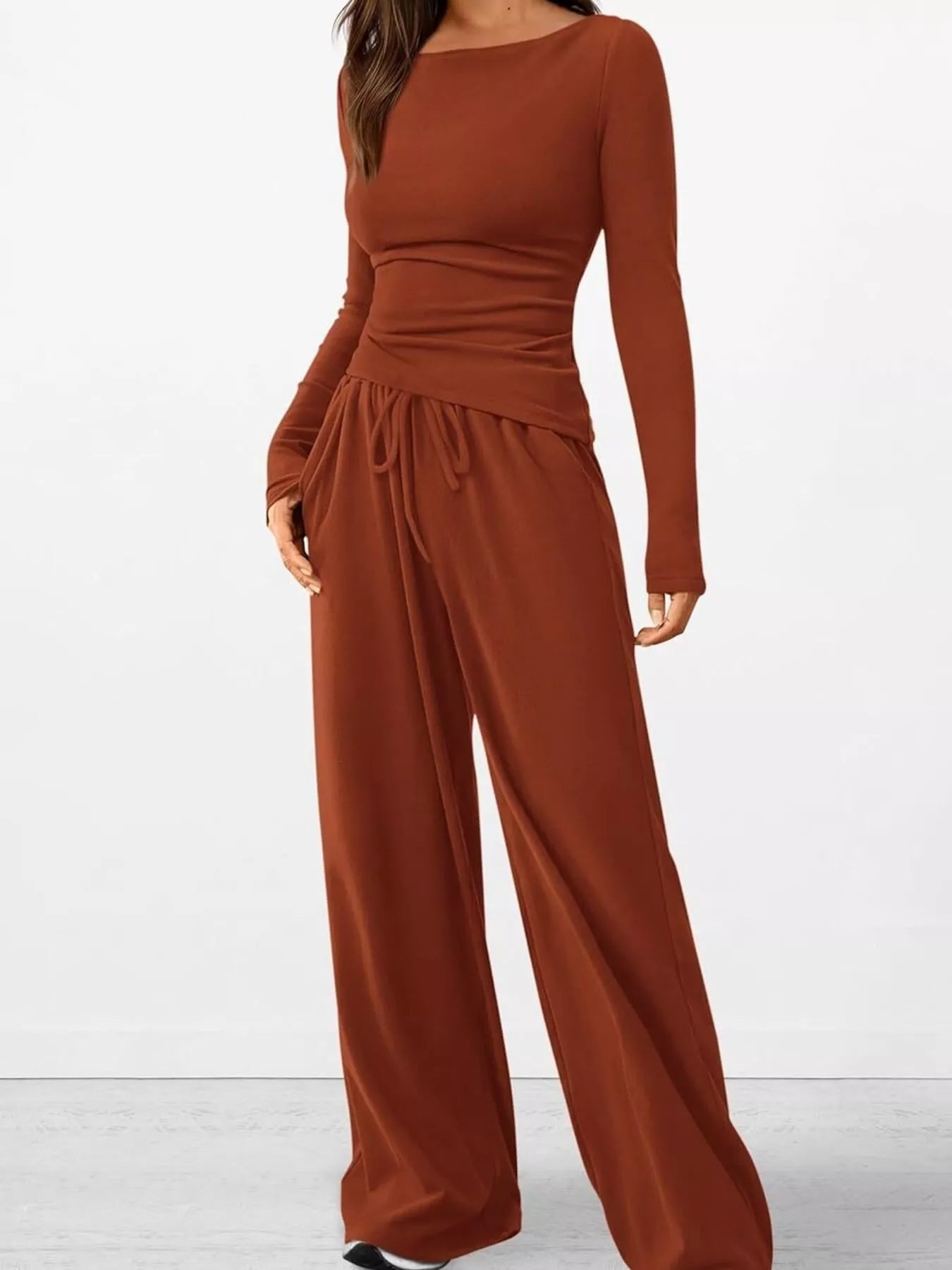 Women’s Long Sleeve Top & Wide Leg Pants Set Women's Sets Red / XS The Nichole Collection