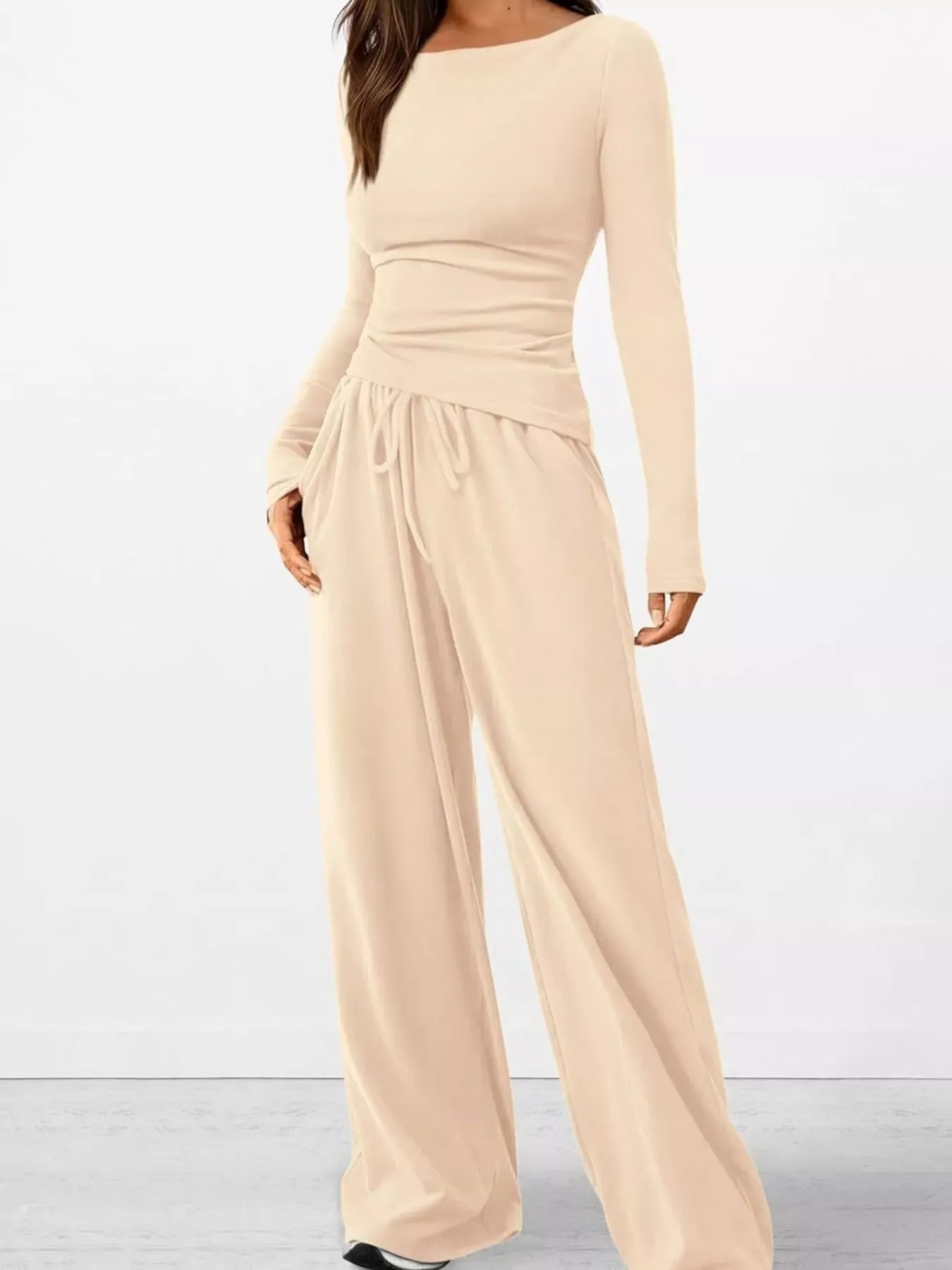 Women’s Long Sleeve Top & Wide Leg Pants Set Women's Sets Ivory / XS The Nichole Collection