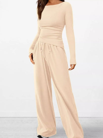 Women’s Long Sleeve Top & Wide Leg Pants Set Women's Sets Ivory / XS The Nichole Collection