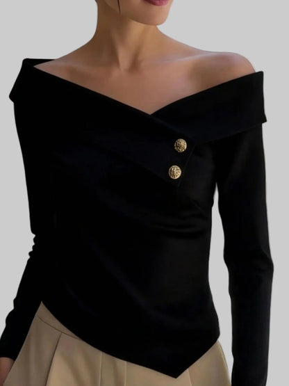 Women's Off-Shoulder Asymmetrical Button Blouse Black / S Shirts & Tops The Nichole Collection - Official Site