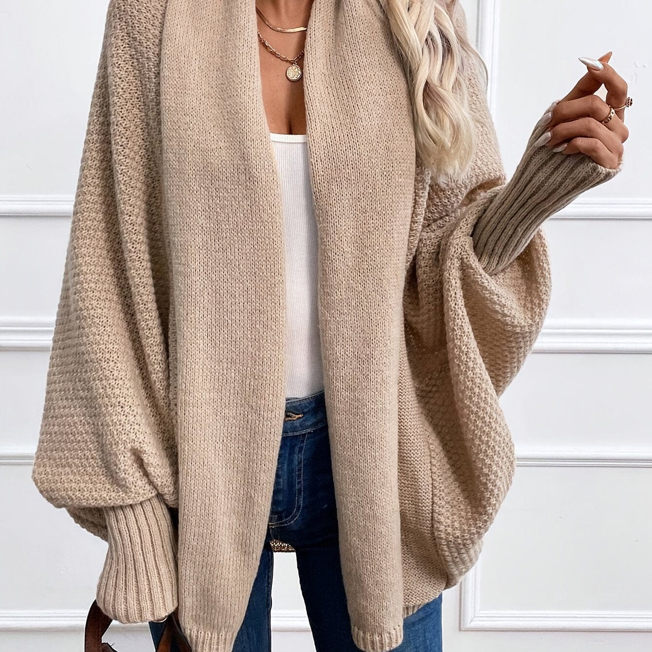 Women’s Open Front Cardigan – Lightweight Batwing Style Cardigan Khaki / S The Nichole Collection