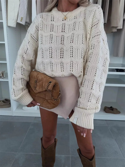 Women's Openwork Round Neck Sweater Apricot / S The Nichole Collection - Official Site