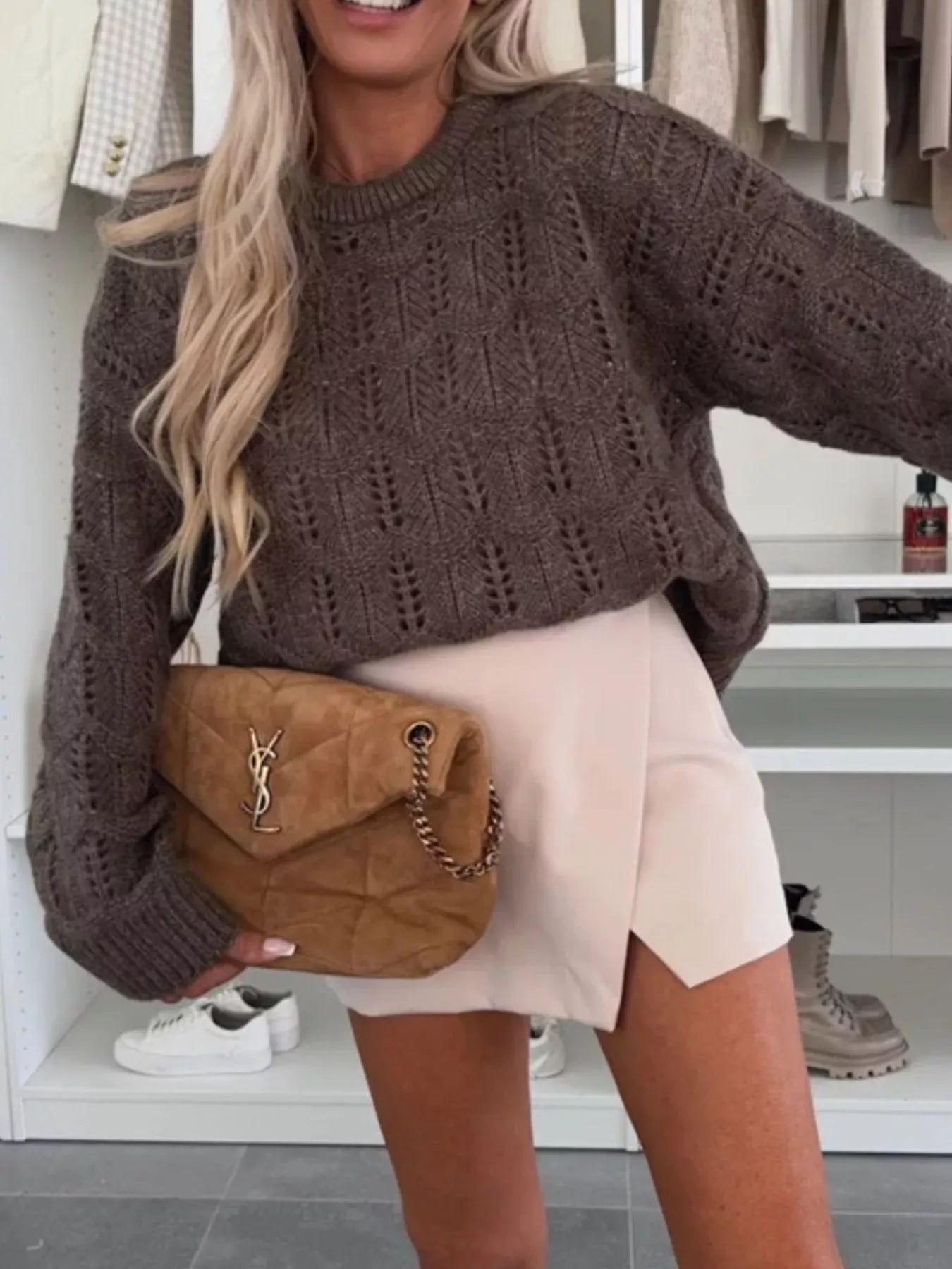 Women's Openwork Round Neck Sweater Brown / S The Nichole Collection - Official Site