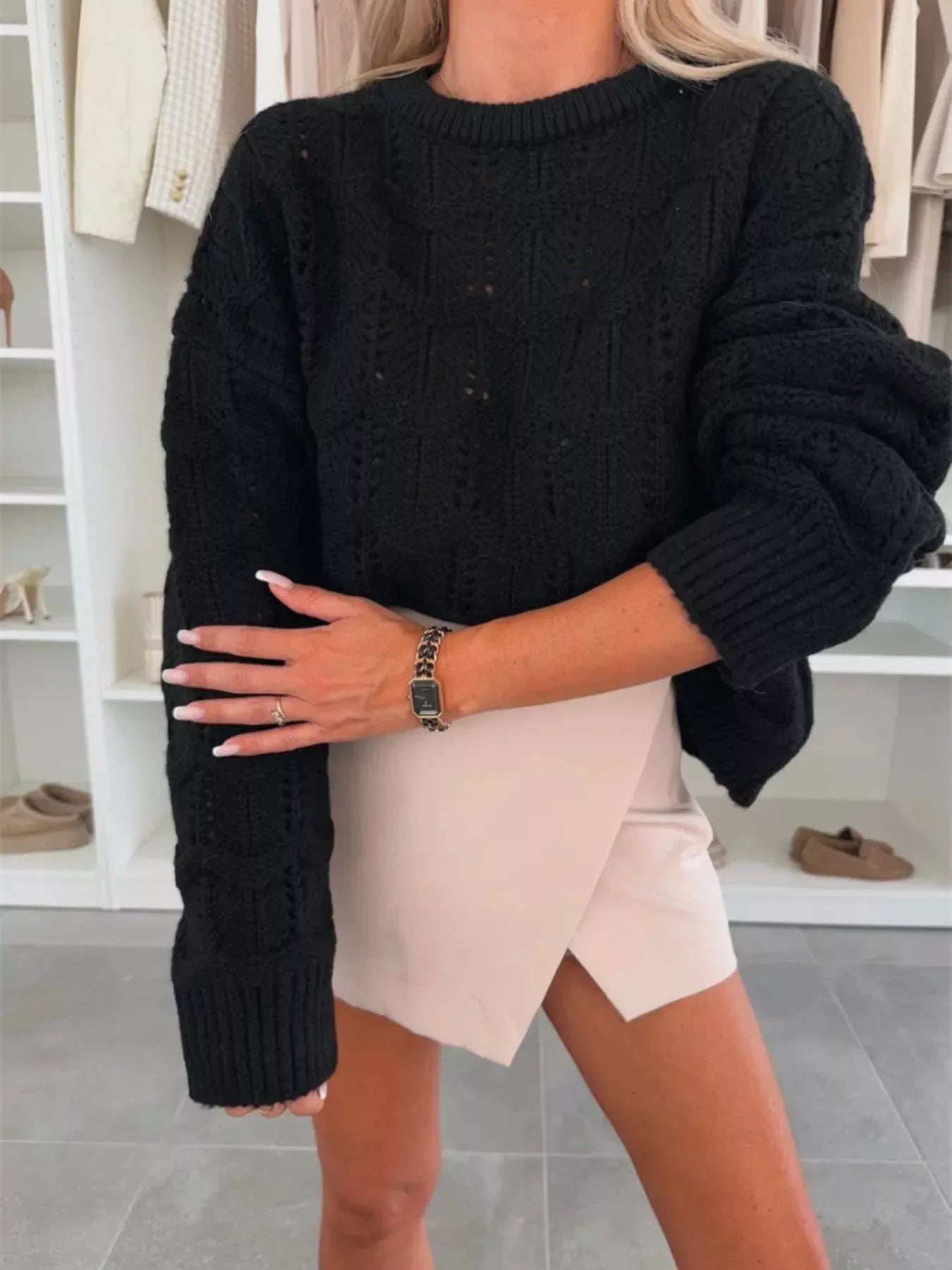 Women's Openwork Round Neck Sweater Black / S The Nichole Collection - Official Site