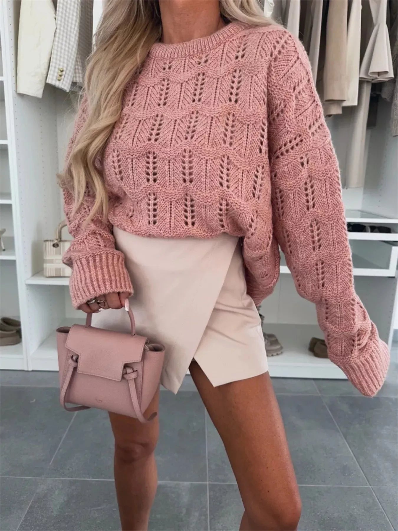 Women's Openwork Round Neck Sweater Pink / S The Nichole Collection - Official Site