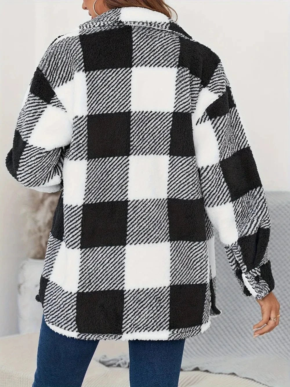 Women’s Plaid Button Up Long Sleeve Fuzzy Coat Jackets The Nichole Collection