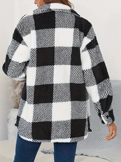 Women’s Plaid Button Up Long Sleeve Fuzzy Coat Jackets The Nichole Collection