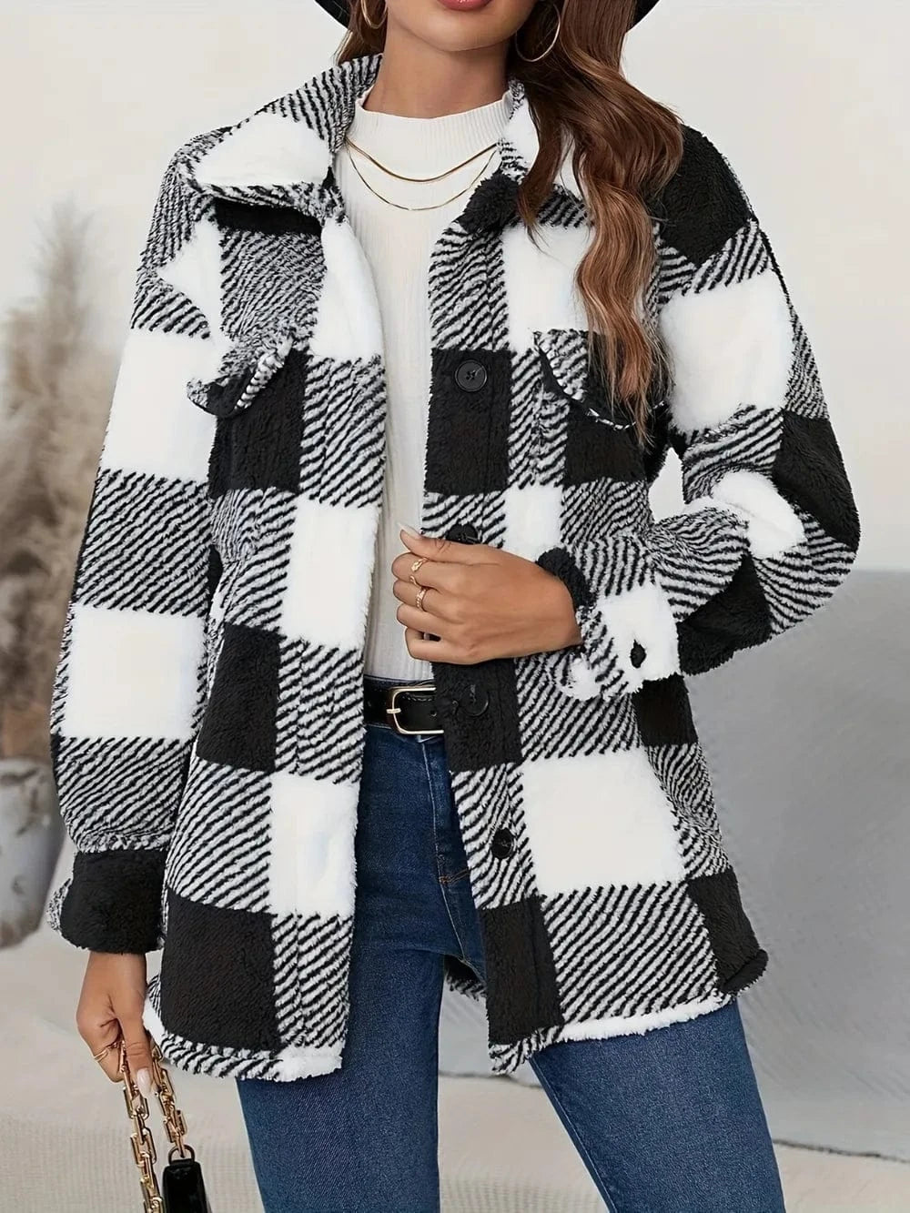 Women’s Plaid Button Up Long Sleeve Fuzzy Coat Jackets The Nichole Collection