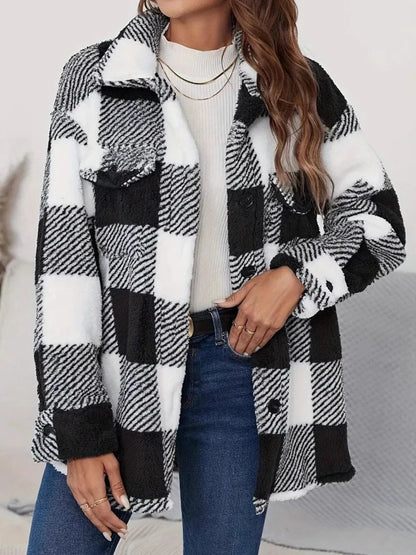Women’s Plaid Button Up Long Sleeve Fuzzy Coat Jackets Black / S The Nichole Collection