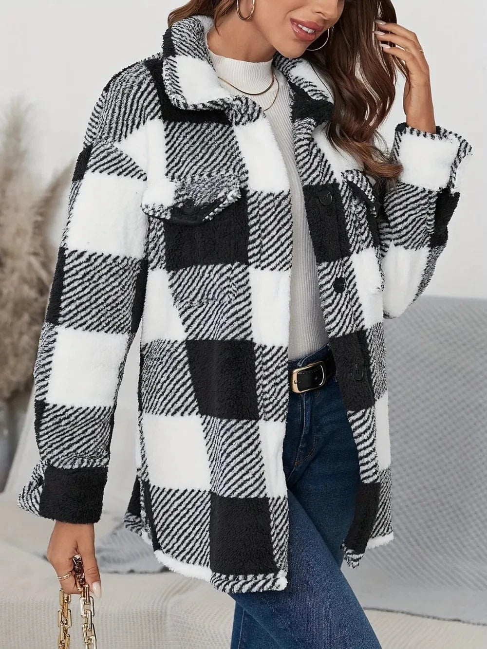 Women’s Plaid Button Up Long Sleeve Fuzzy Coat Jackets The Nichole Collection