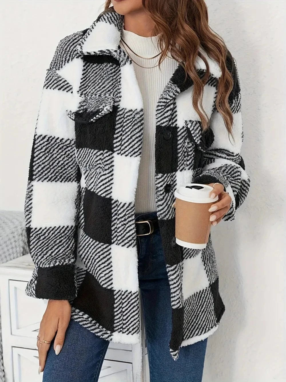 Women’s Plaid Button Up Long Sleeve Fuzzy Coat Jackets The Nichole Collection