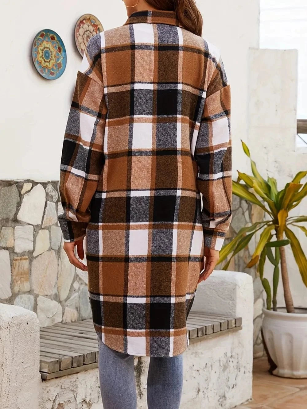 Women’s Plaid Collared Neck Long Sleeve Jacket Jackets The Nichole Collection