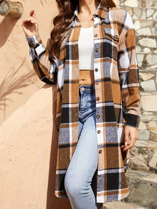 Women’s Plaid Collared Neck Long Sleeve Jacket Jackets Camel / S The Nichole Collection