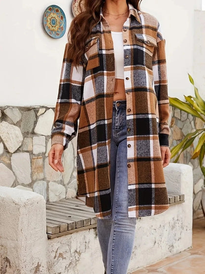 Women’s Plaid Collared Neck Long Sleeve Jacket Jackets The Nichole Collection