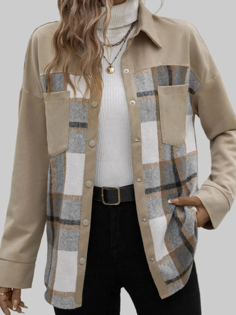 Women’s Plaid Snap Down Long Sleeve Shacket Jackets The Nichole Collection