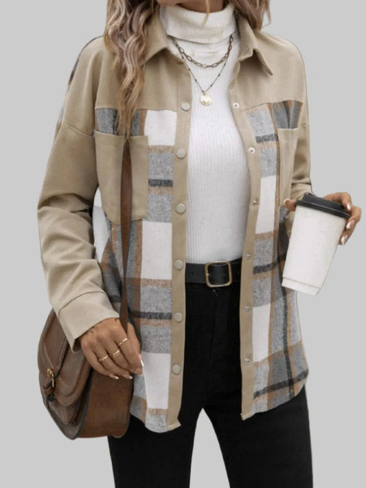 Women’s Plaid Snap Down Long Sleeve Shacket Jackets Tan / S The Nichole Collection