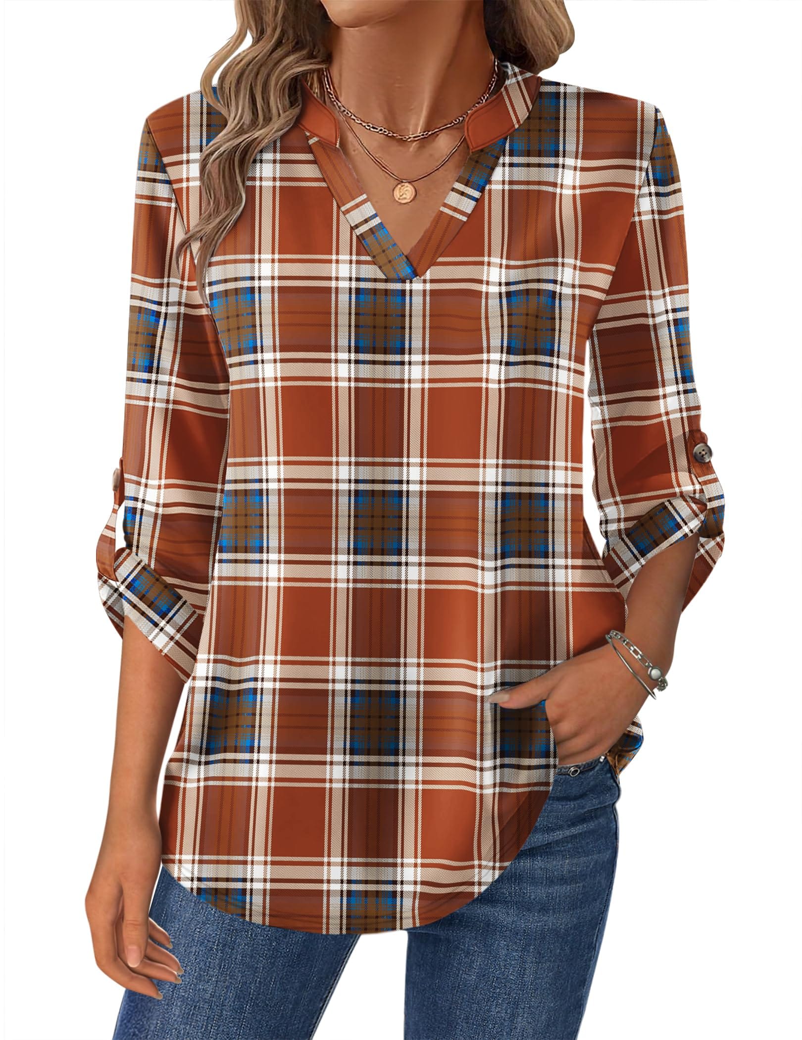 Women’s Plaid V-Neck Shirt – Long Sleeve Roll-Up Top Shirts & Tops The Nichole Collection
