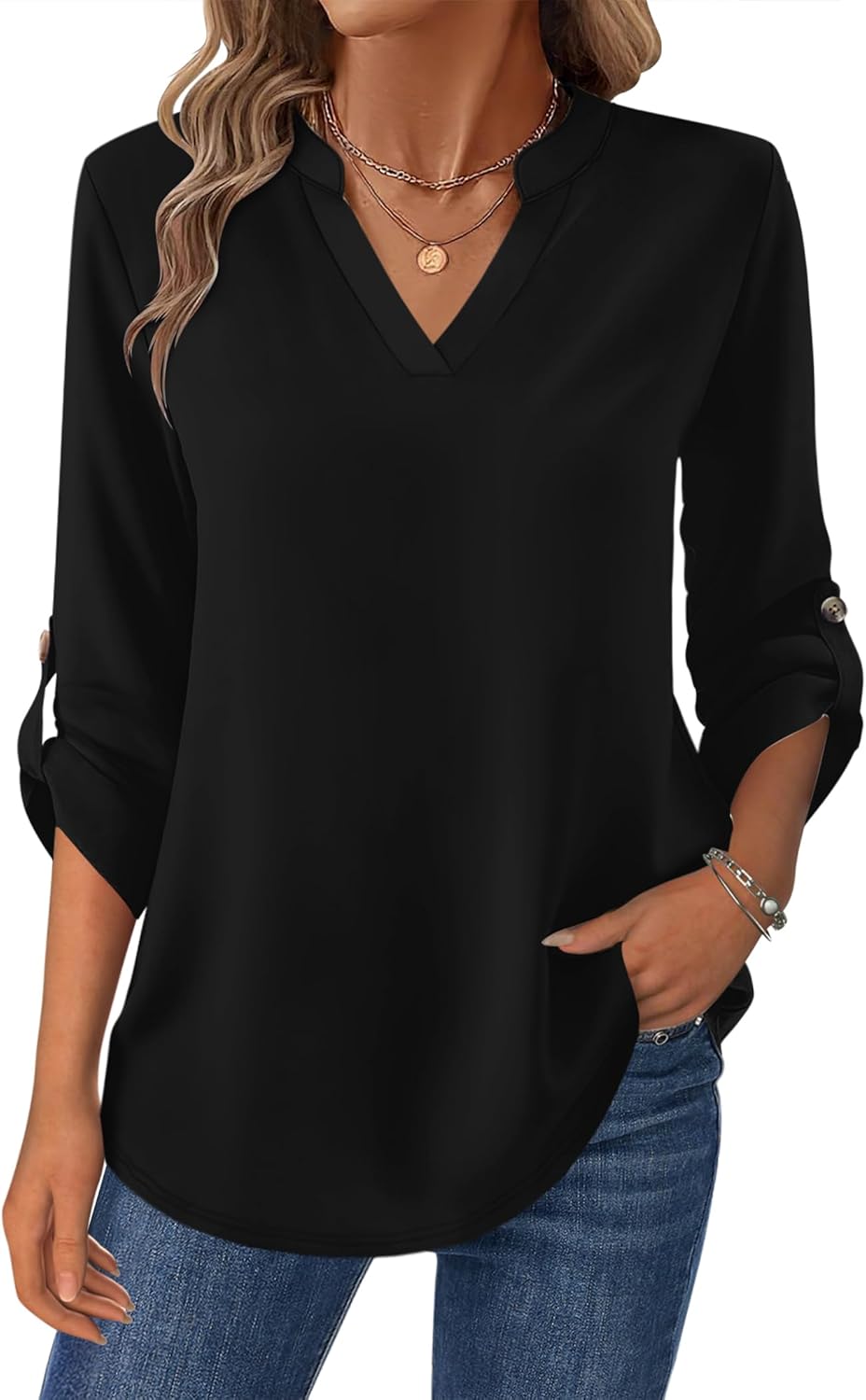 Women’s Plaid V-Neck Shirt – Long Sleeve Roll-Up Top Shirts & Tops Large / Black The Nichole Collection