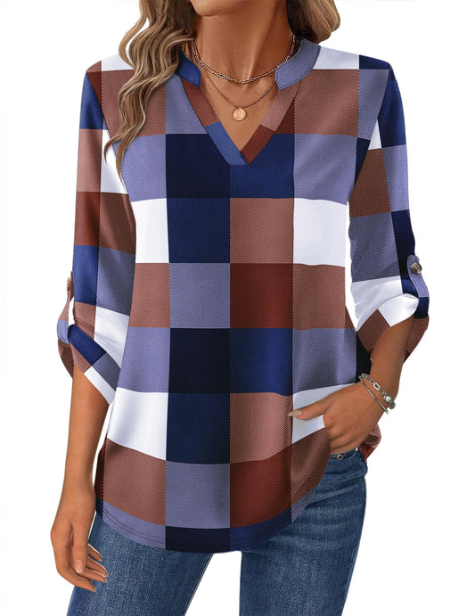 Women’s Plaid V-Neck Shirt – Long Sleeve Roll-Up Top Shirts & Tops The Nichole Collection