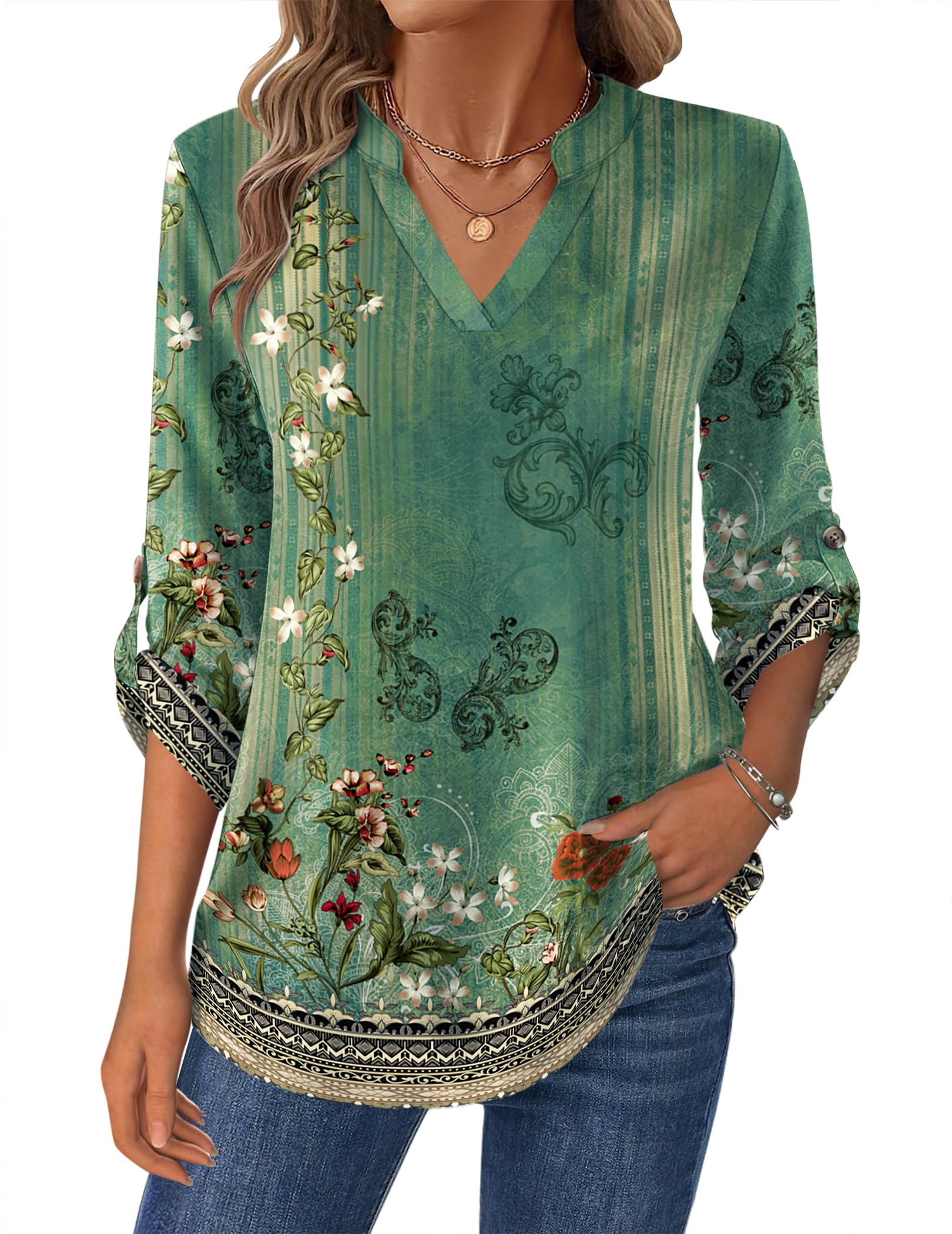 Women’s Plaid V-Neck Shirt – Long Sleeve Roll-Up Top Shirts & Tops The Nichole Collection