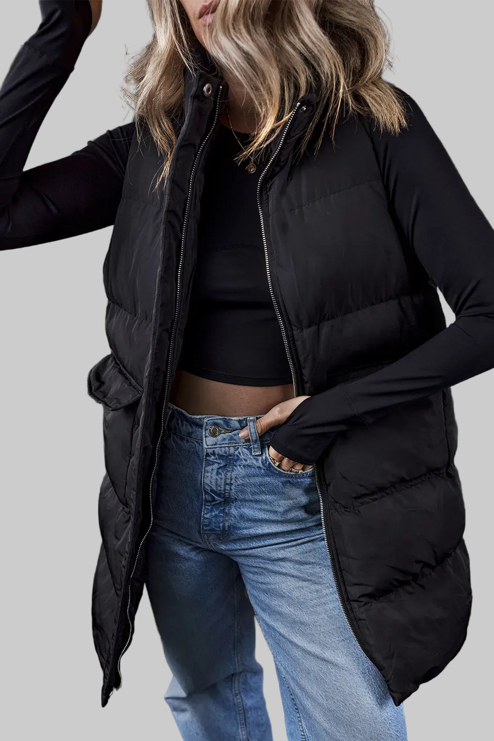Women’s Pocketed Zip-Up Vest Coat – Mid-Thigh Winter Layer Black / S The Nichole Collection