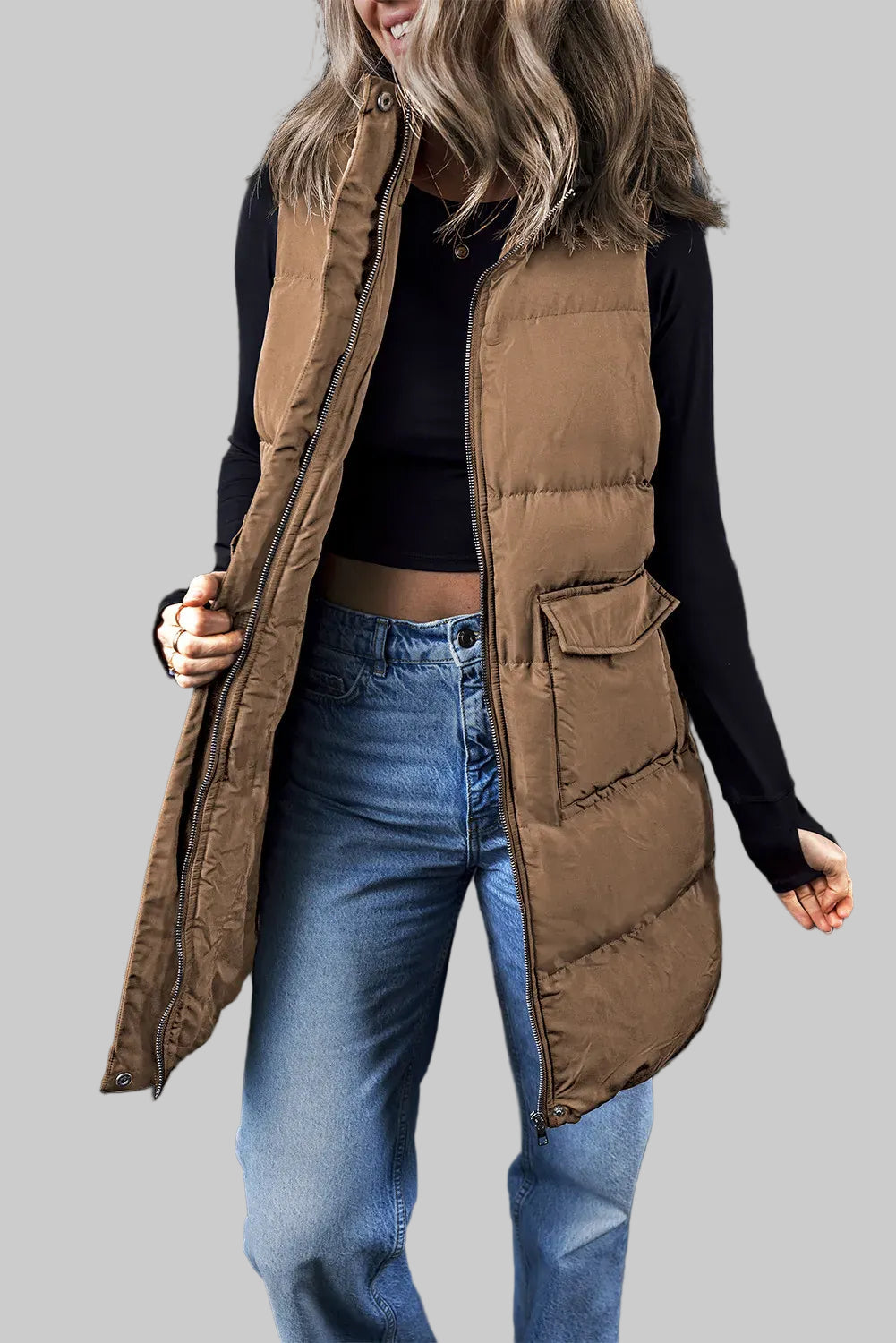 Women’s Pocketed Zip-Up Vest Coat – Mid-Thigh Winter Layer The Nichole Collection
