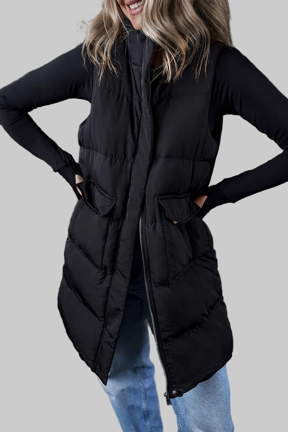 Women’s Pocketed Zip-Up Vest Coat – Mid-Thigh Winter Layer The Nichole Collection