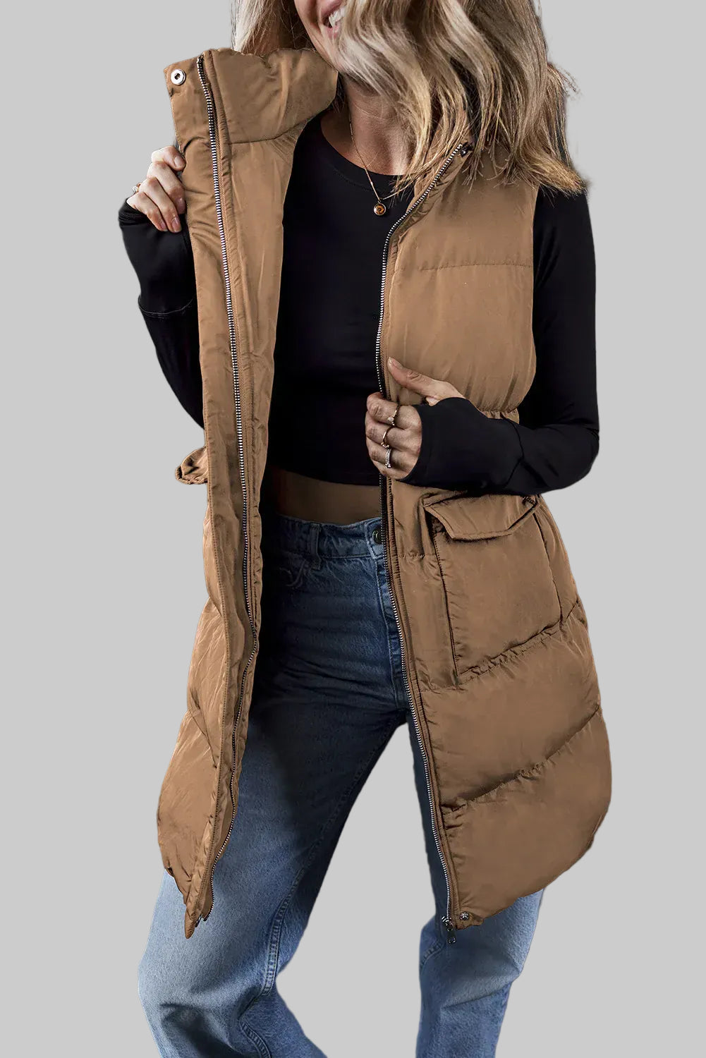 Women’s Pocketed Zip-Up Vest Coat – Mid-Thigh Winter Layer Caramel / S The Nichole Collection