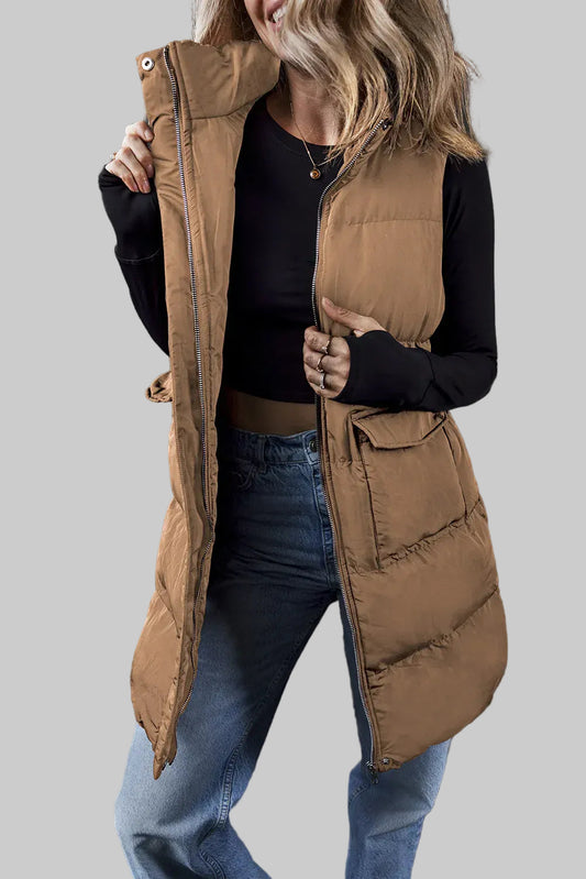 Women’s Pocketed Zip-Up Vest Coat – Mid-Thigh Winter Layer Caramel / S The Nichole Collection