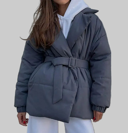 Women’s Puffer Long Sleeve Winter Coat with Belt – Tailored Outerwear Gray / S The Nichole Collection