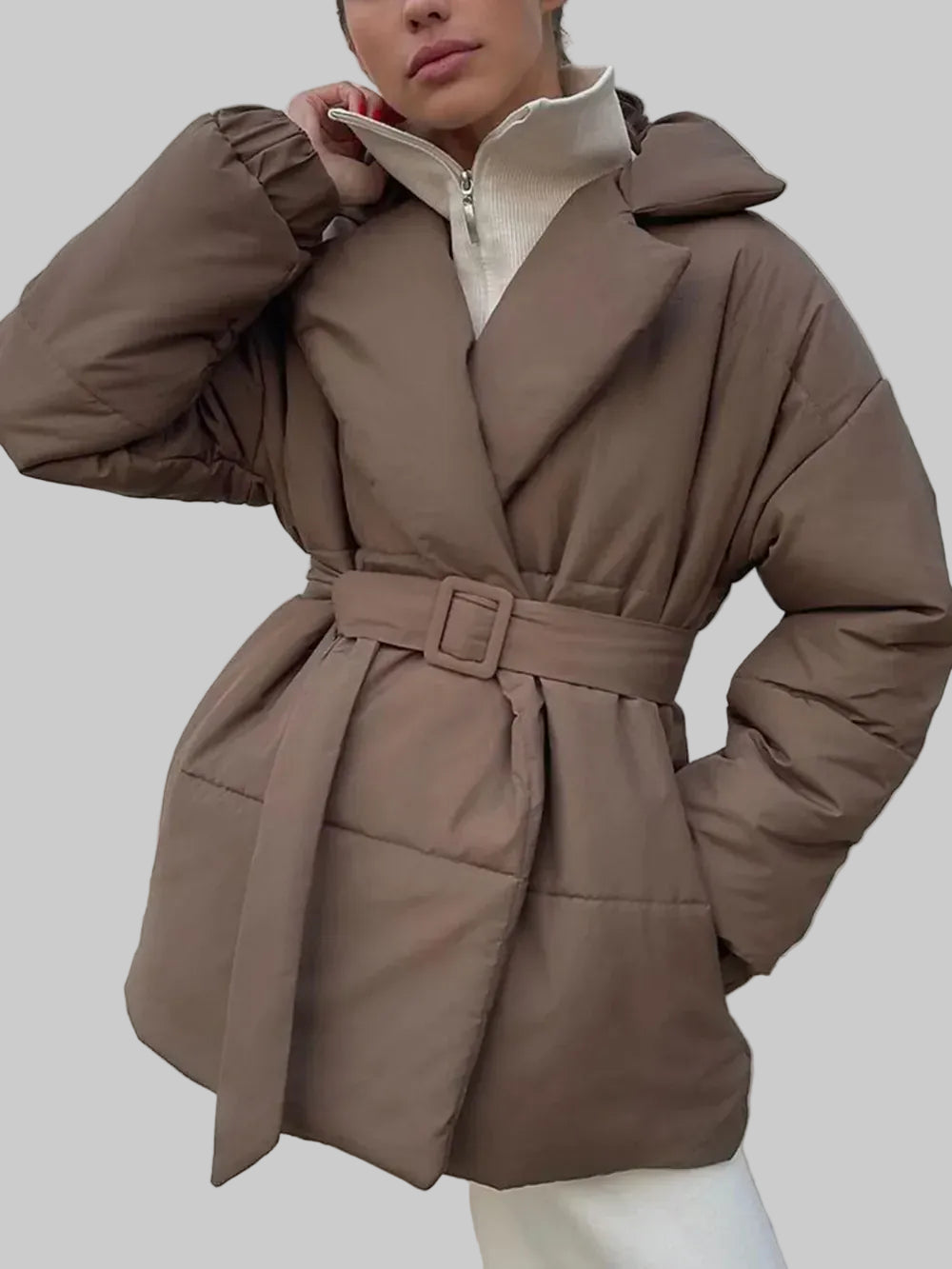 Women’s Puffer Long Sleeve Winter Coat with Belt – Tailored Outerwear Taupe / S The Nichole Collection