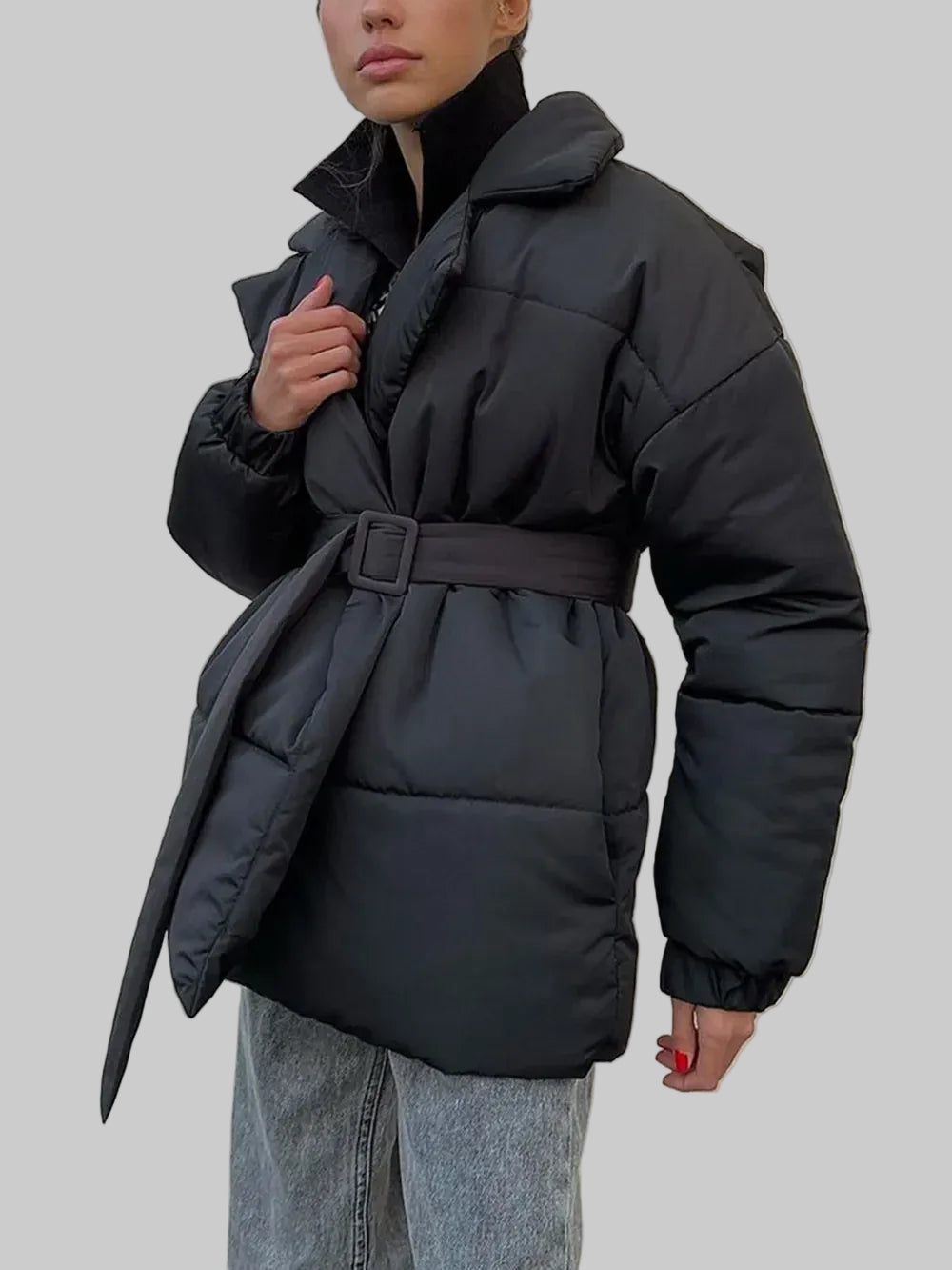 Women’s Puffer Long Sleeve Winter Coat with Belt – Tailored Outerwear Black / S The Nichole Collection
