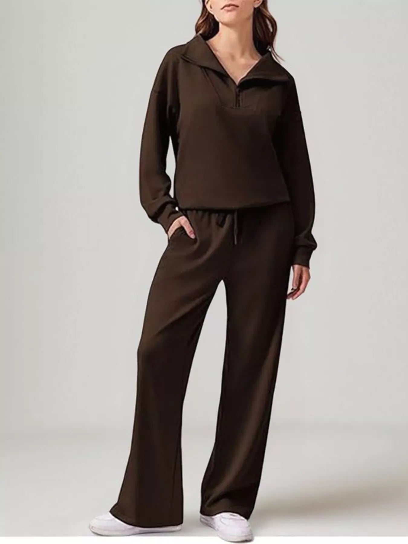 Women’s Relaxed Fit Quarter-Zip Top & Pants Set Women's Sets Dark Brown / S The Nichole Collection