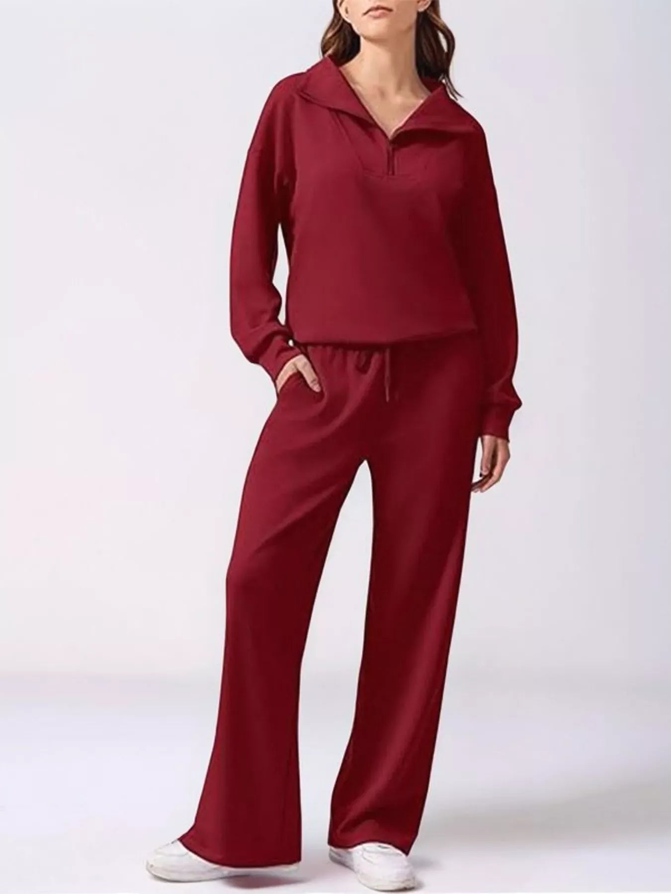 Women’s Relaxed Fit Quarter-Zip Top & Pants Set Women's Sets Wine Red / S The Nichole Collection