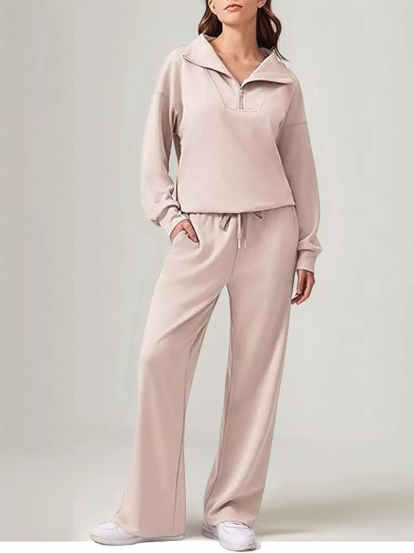 Women’s Relaxed Fit Quarter-Zip Top & Pants Set Women's Sets Apricot / S The Nichole Collection