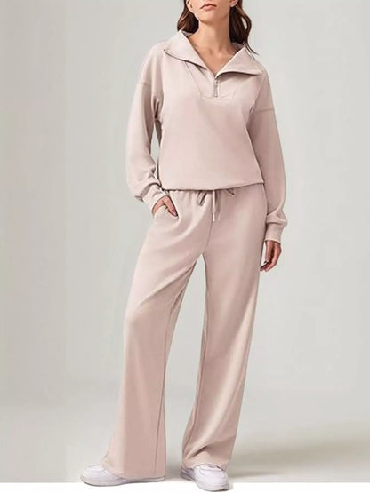 Women’s Relaxed Fit Quarter-Zip Top & Pants Set Women's Sets Apricot / S The Nichole Collection
