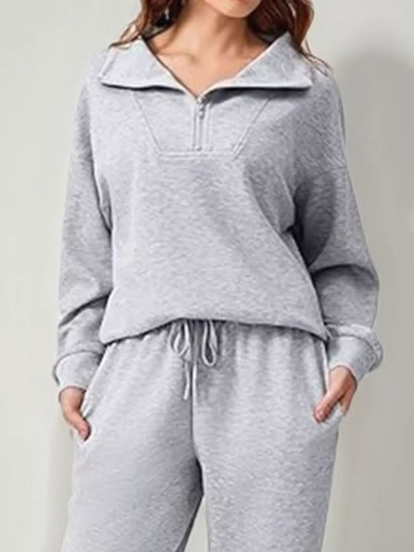 Women’s Relaxed Fit Quarter-Zip Top & Pants Set Women's Sets Light Gray / S The Nichole Collection