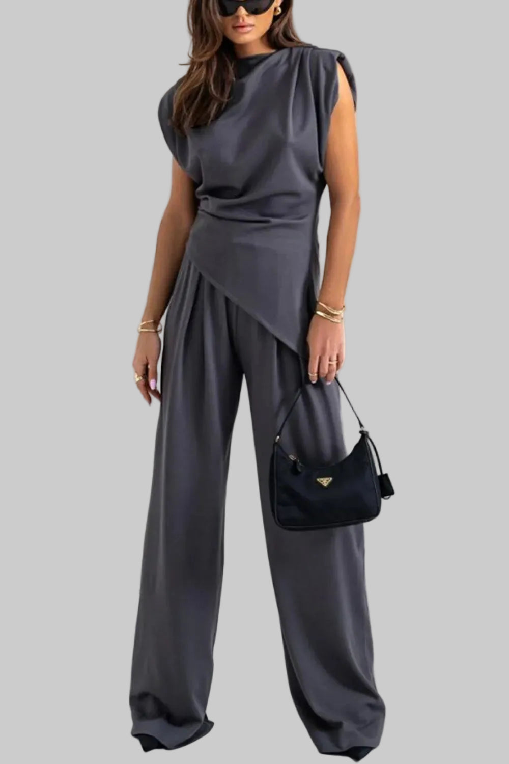Women's Ruched Two-Piece Top and Pants Set Dark Gray / S Women's Sets The Nichole Collection - Official Site