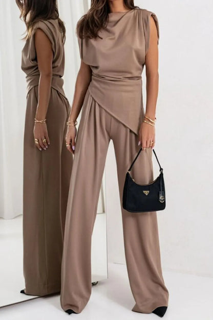 Women's Ruched Two-Piece Top and Pants Set Khaki / S Women's Sets The Nichole Collection - Official Site