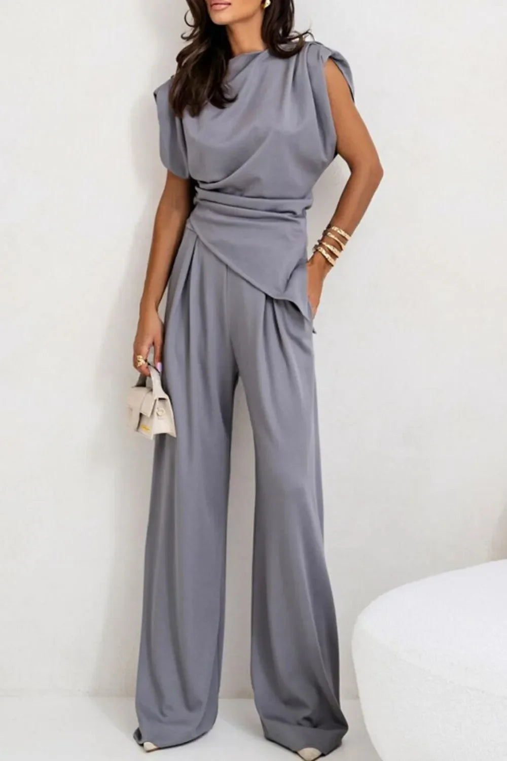 Women's Ruched Two-Piece Top and Pants Set Light Gray / S Women's Sets The Nichole Collection - Official Site