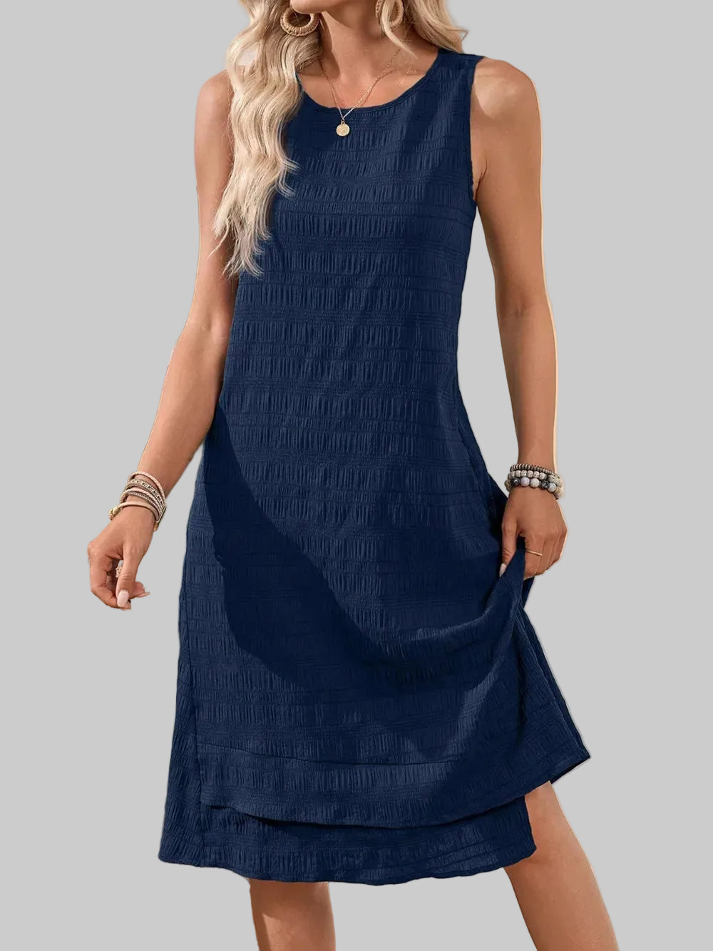 Women's Ruffled Textured Sleeveless Dress Dark Navy / S Midi Dresses The Nichole Collection - Official Site